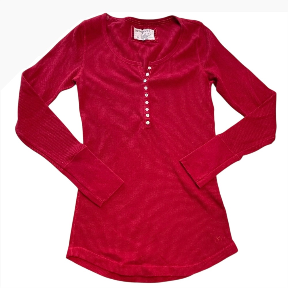 Aeropostale Stretch Y2K Waffle Knit Red Henley Shirt Womens Large Bella Swan